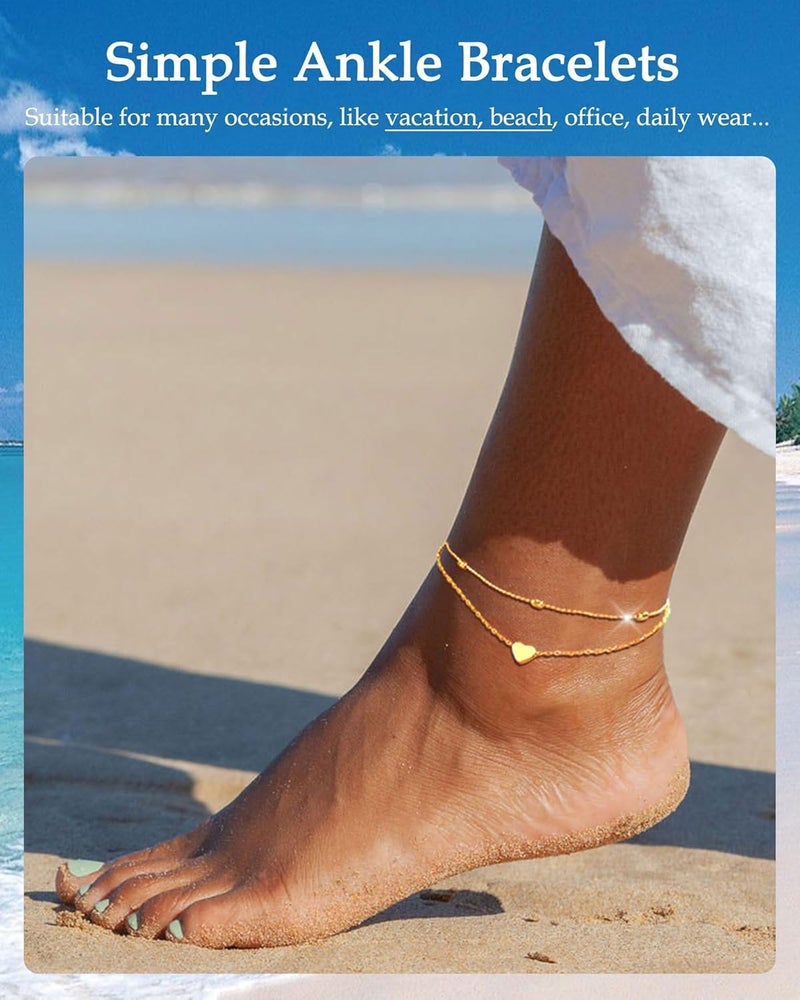 FUNEIA Gold Silver Ankle Bracelets for Women Waterproof 14K Gold Plated Anklets for Women Non Tarnish Dainty Layered Beaded Heart Anklet Set Summer Beach Foot Chain Jewelry Gifts Trendy Stuff - Image 3